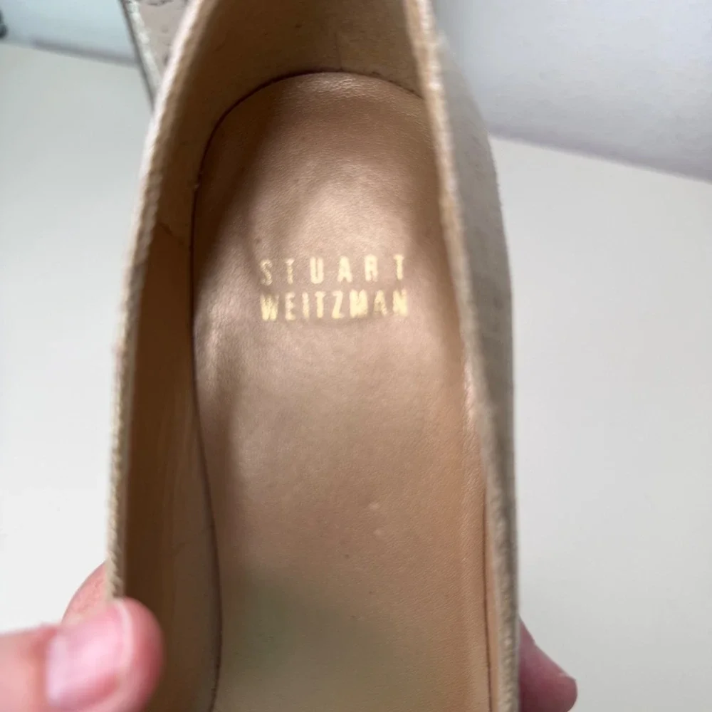 Stuart‎ Weitzman Pumps Womens Gold Metallic Linen Stacked Heel Classic 8M